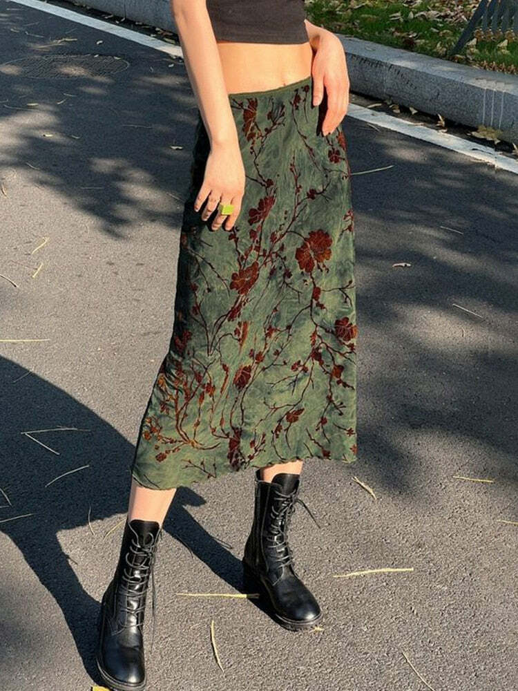 Y2K Fairy Grunge Green Floral Midi Skirt - Retro 90s Summer Outfit, Pastel Goth Fashion