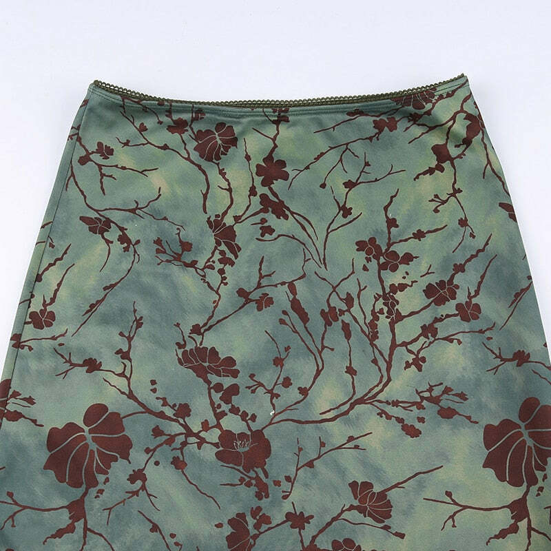 Y2K Fairy Grunge Green Floral Midi Skirt - Retro 90s Summer Outfit, Pastel Goth Fashion