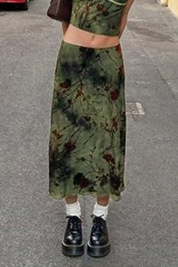 Y2K Fairy Grunge Green Floral Midi Skirt - Retro 90s Summer Outfit, Pastel Goth Fashion