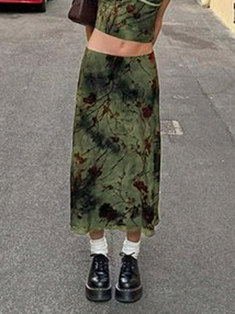 Y2K Fairy Grunge Green Floral Midi Skirt - Retro 90s Summer Outfit, Pastel Goth Fashion