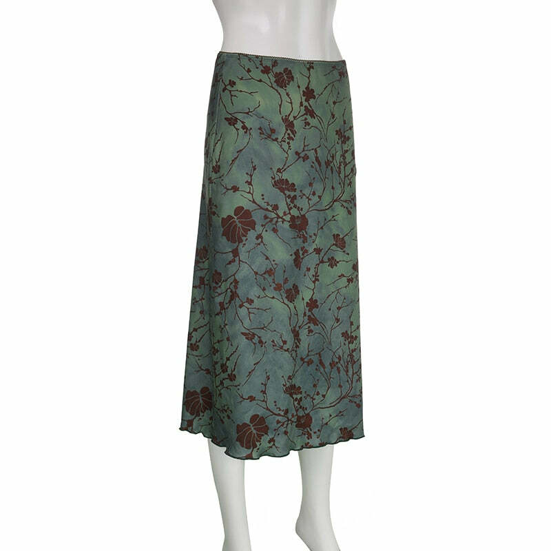 Y2K Fairy Grunge Green Floral Midi Skirt - Retro 90s Summer Outfit, Pastel Goth Fashion