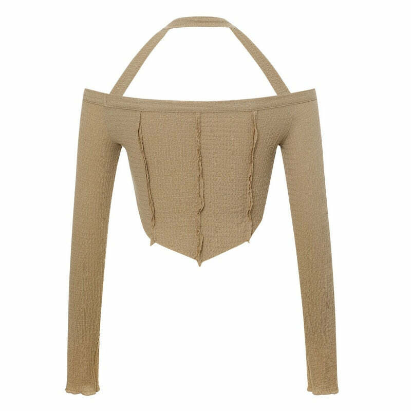 Y2K Fairy Grunge Khaki Long Sleeve Top - Retro 90s Summer Outfit, Pastel Goth Fashion