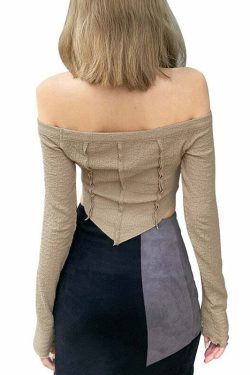 Y2K Fairy Grunge Khaki Long Sleeve Top - Retro 90s Summer Outfit, Pastel Goth Fashion
