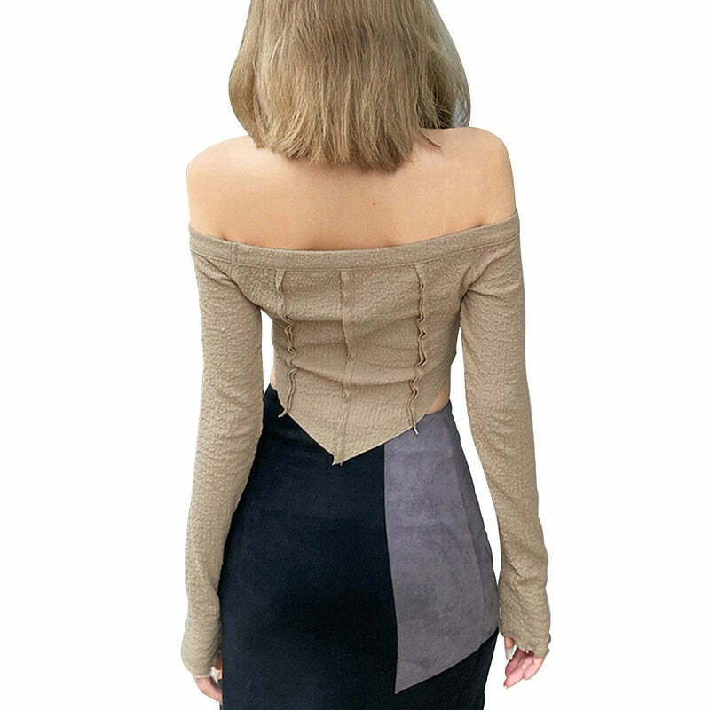 Y2K Fairy Grunge Khaki Long Sleeve Top - Retro 90s Summer Outfit, Pastel Goth Fashion