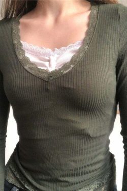 Y2K Fairy Grunge Lace Trim Long Sleeve Top - Retro 90s Fashion, Summer Y2K Outfits