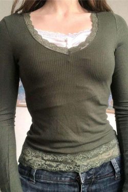Y2K Fairy Grunge Lace Trim Long Sleeve Top - Retro 90s Fashion, Summer Y2K Outfits