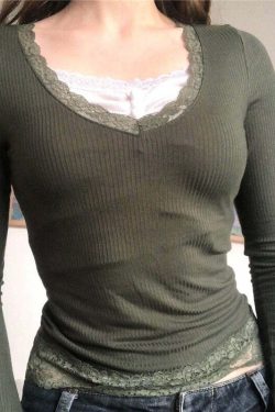 Y2K Fairy Grunge Lace Trim Long Sleeve Top - Retro 90s Fashion, Summer Y2K Outfits