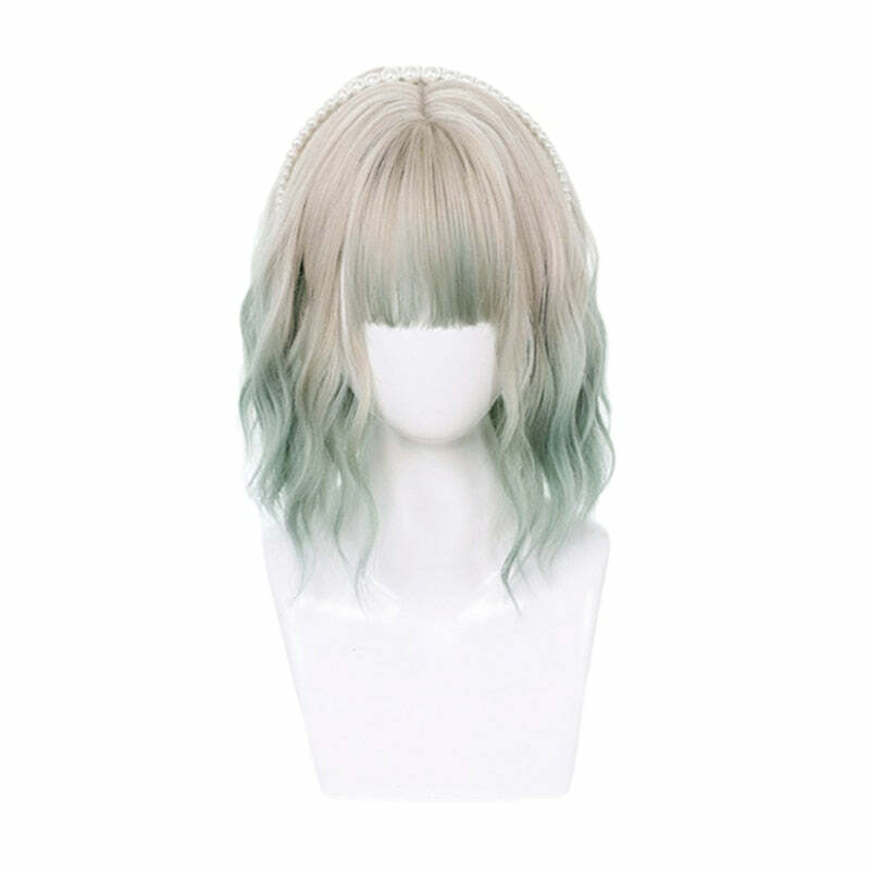 Y2K Fairycore Cosplay eGirl Wig - Grey Green Ombre, 90s Grunge, Retro Pastel Goth Style