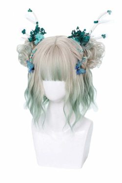 Y2K Fairycore Cosplay eGirl Wig - Grey Green Ombre, 90s Grunge, Retro Pastel Goth Style