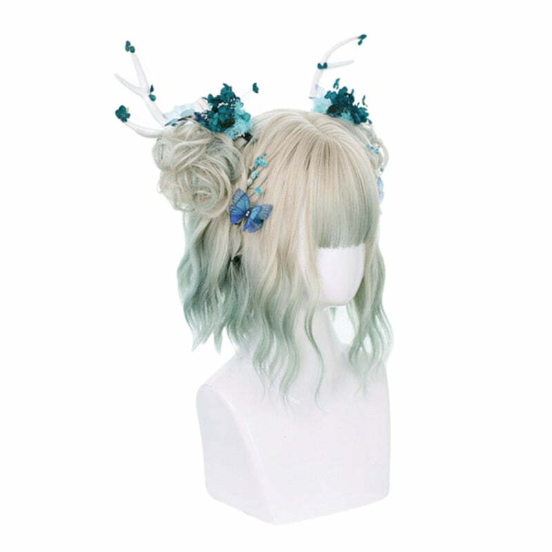 Y2K Fairycore Cosplay eGirl Wig - Grey Green Ombre, 90s Grunge, Retro Pastel Goth Style