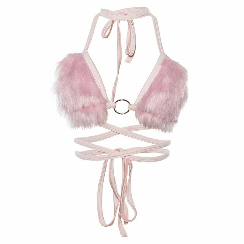 Y2K Faux Fur Bikini Top - Retro 90s Grunge, Summer Y2K Outfits, Pastel Goth, Y2K Party