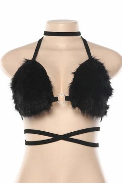 Y2K Faux Fur Bikini Top - Retro 90s Grunge, Summer Y2K Outfits, Pastel Goth, Y2K Party