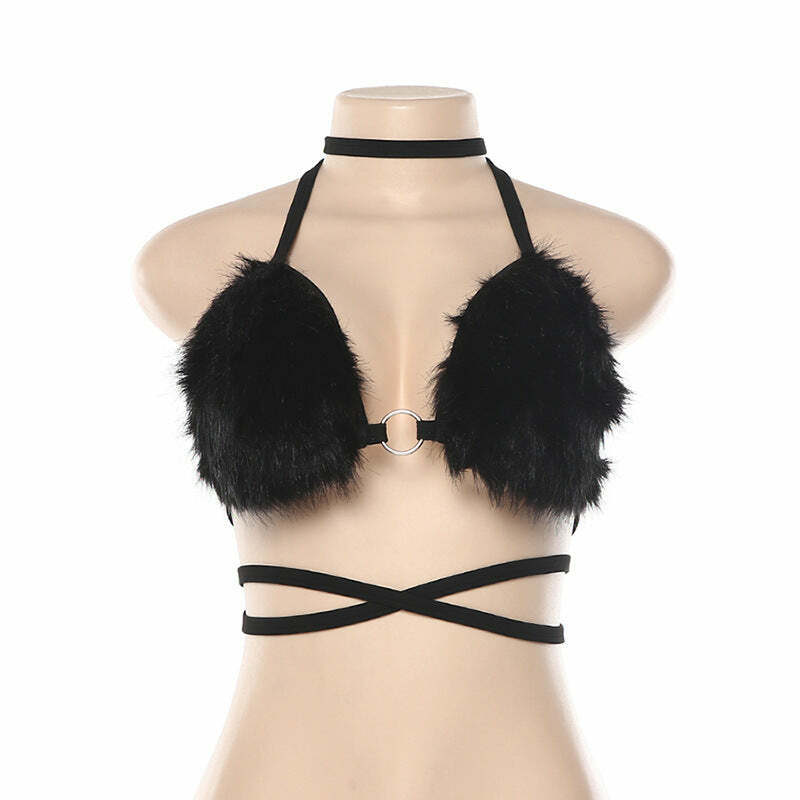 Y2K Faux Fur Bikini Top - Retro 90s Grunge, Summer Y2K Outfits, Pastel Goth, Y2K Party