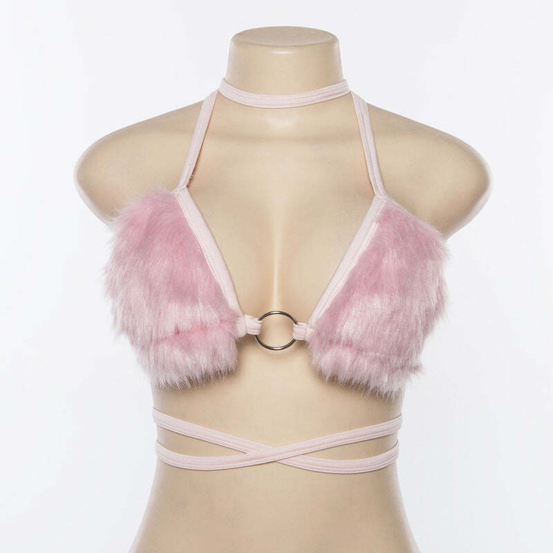 Y2K Faux Fur Bikini Top - Retro 90s Grunge, Summer Y2K Outfits, Pastel Goth, Y2K Party