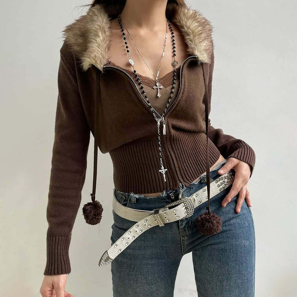 Y2K Faux Fur Collar Cropped Zip Up Cardigan - 90s Grunge, Retro, Pastel Goth, Summer Outfits