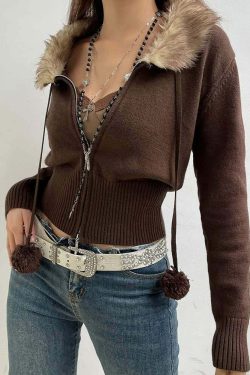 Y2K Faux Fur Collar Cropped Zip Up Cardigan - 90s Grunge, Retro, Pastel Goth, Summer Outfits