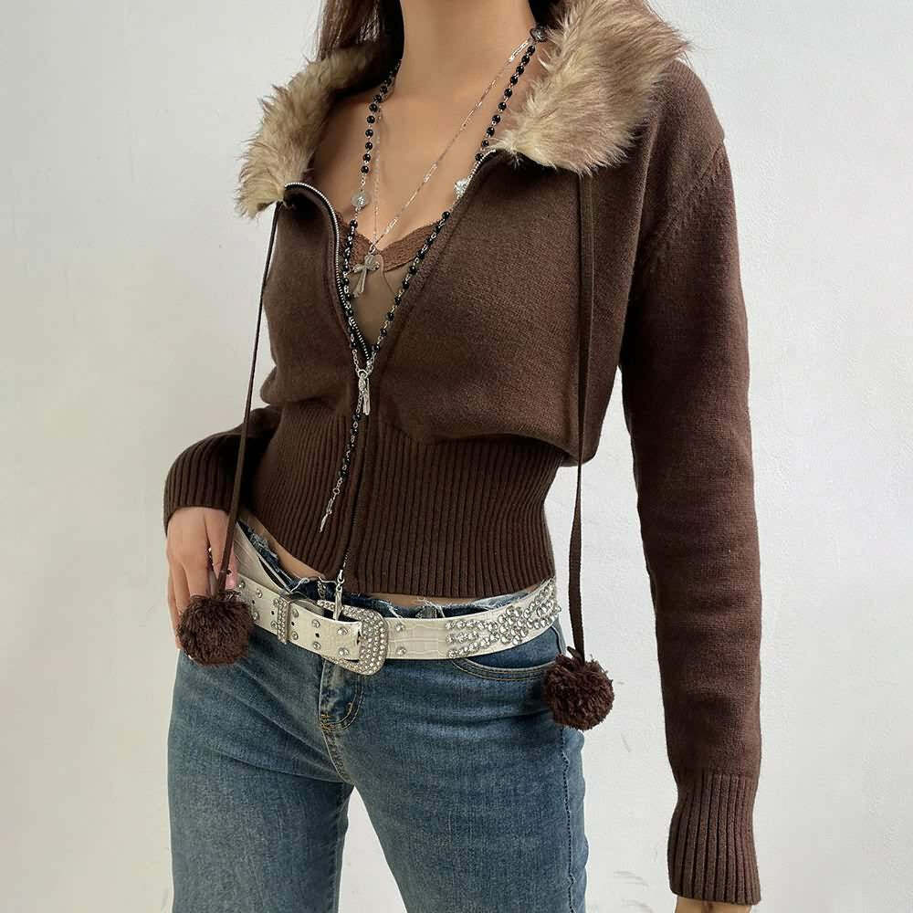 Y2K Faux Fur Collar Cropped Zip Up Cardigan - 90s Grunge, Retro, Pastel Goth, Summer Outfits