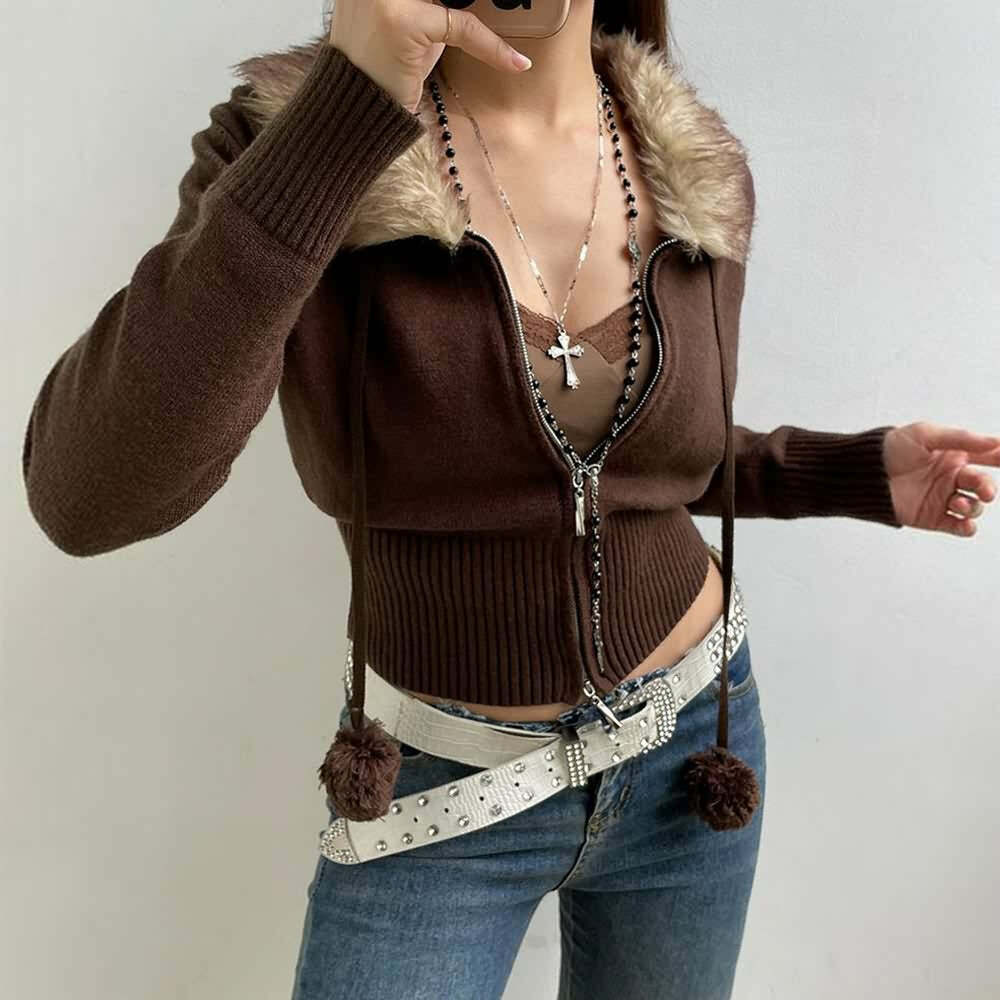 Y2K Faux Fur Collar Cropped Zip Up Cardigan - 90s Grunge, Retro, Pastel Goth, Summer Outfits