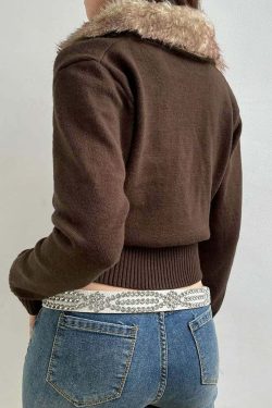 Y2K Faux Fur Collar Cropped Zip Up Cardigan - 90s Grunge, Retro, Pastel Goth, Summer Outfits