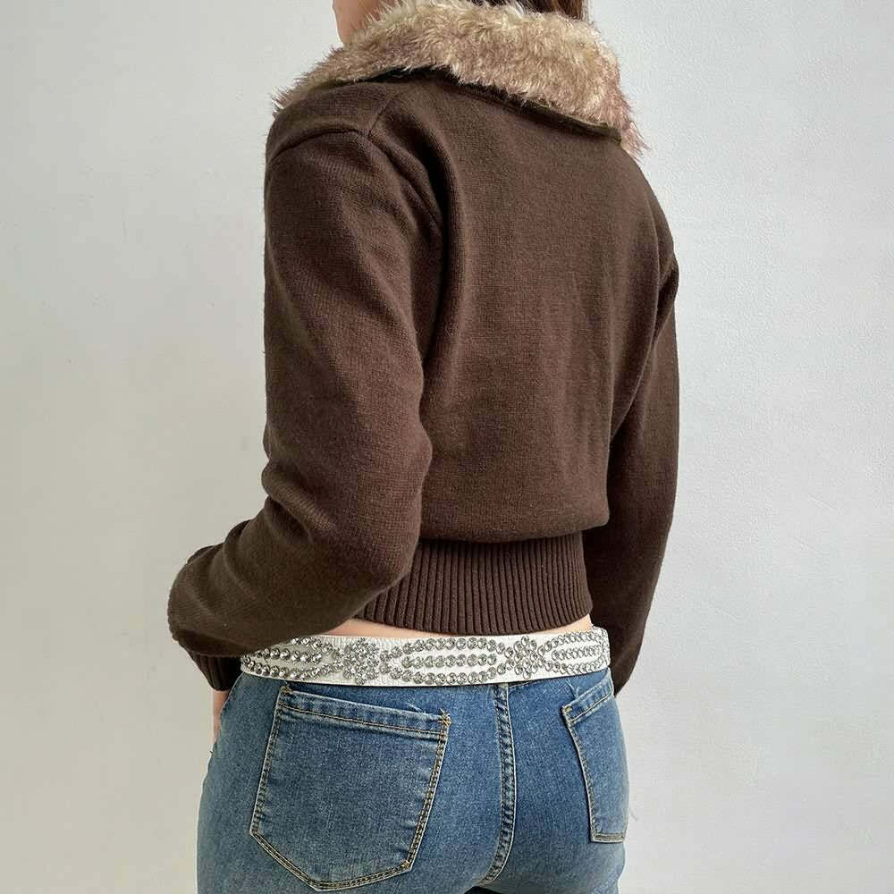 Y2K Faux Fur Collar Cropped Zip Up Cardigan - 90s Grunge, Retro, Pastel Goth, Summer Outfits