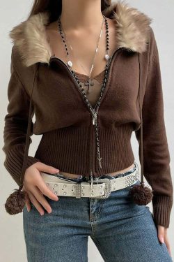 Y2K Faux Fur Collar Cropped Zip Up Cardigan - 90s Grunge, Retro, Pastel Goth, Summer Outfits