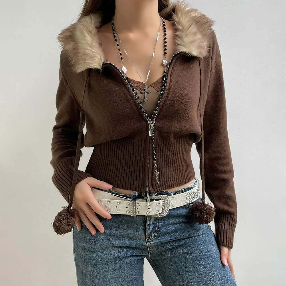 Y2K Faux Fur Collar Cropped Zip Up Cardigan - 90s Grunge, Retro, Pastel Goth, Summer Outfits