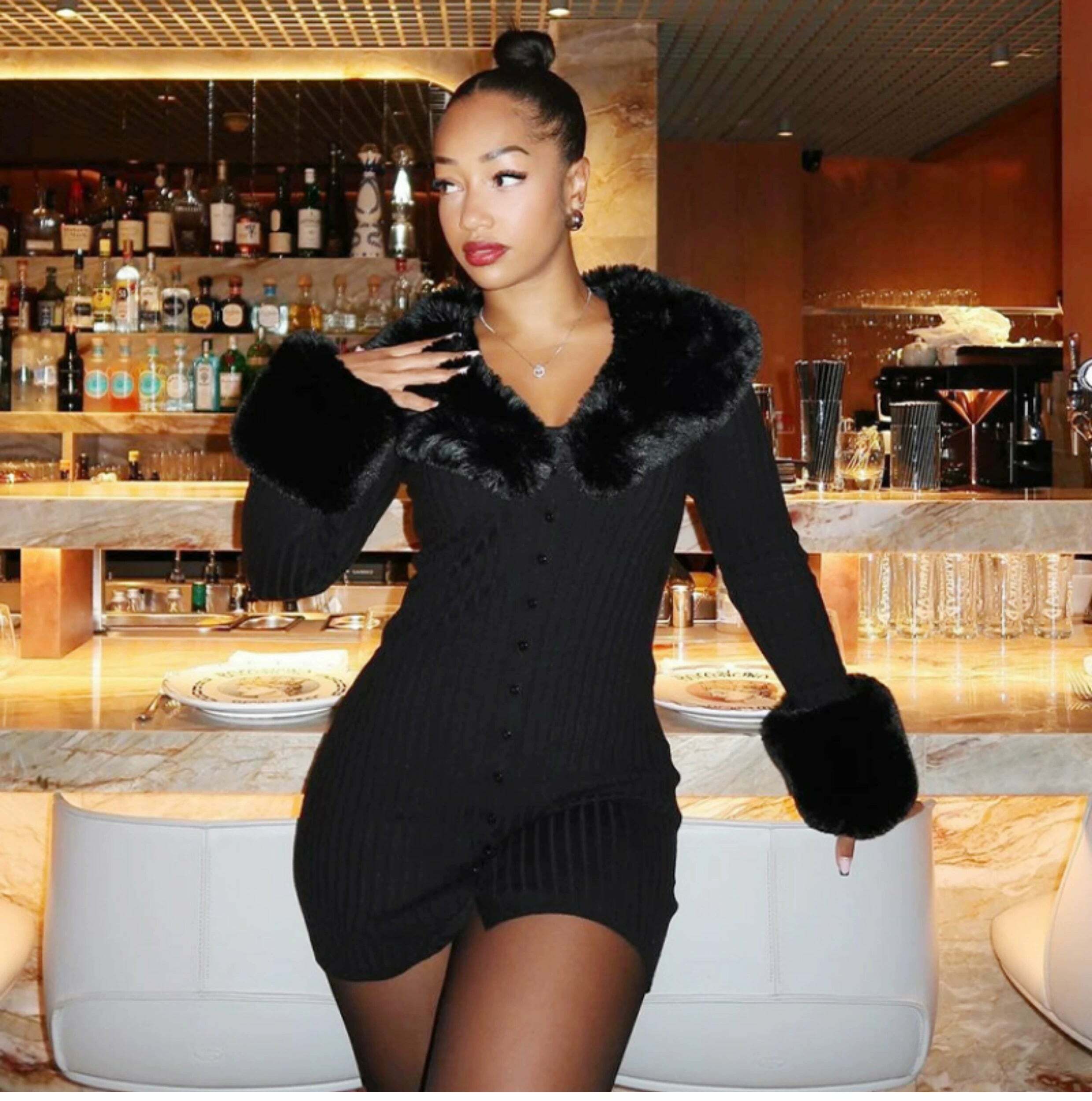 Y2K Faux Fur Mini Dress - 90s Grunge, Retro Party Outfit, Y2K Club Fashion, Gothic Y2K Style