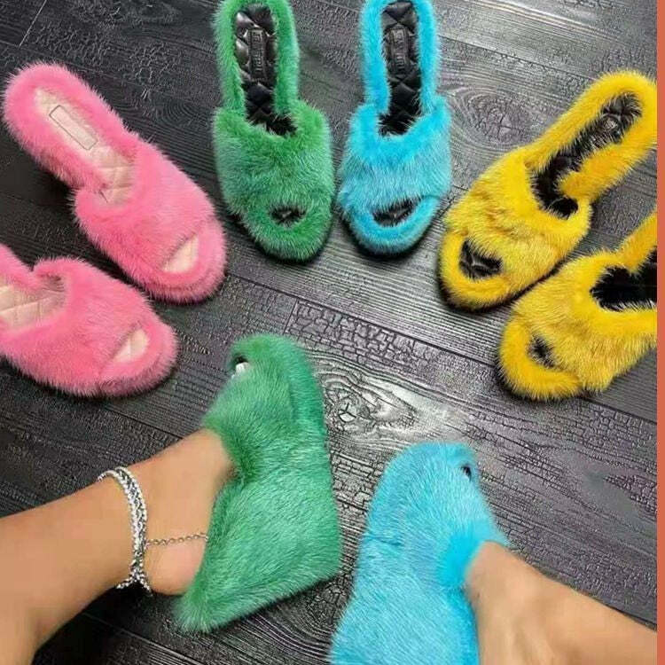 Y2K Faux Fur Wedge Heels - Retro 90s Grunge, Summer Party, and Club Outfits