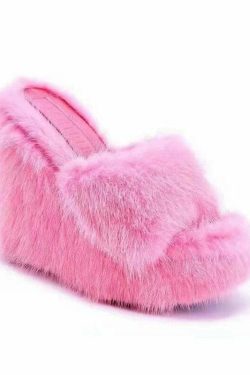 Y2K Faux Fur Wedge Heels - Retro 90s Grunge, Summer Party, and Club Outfits