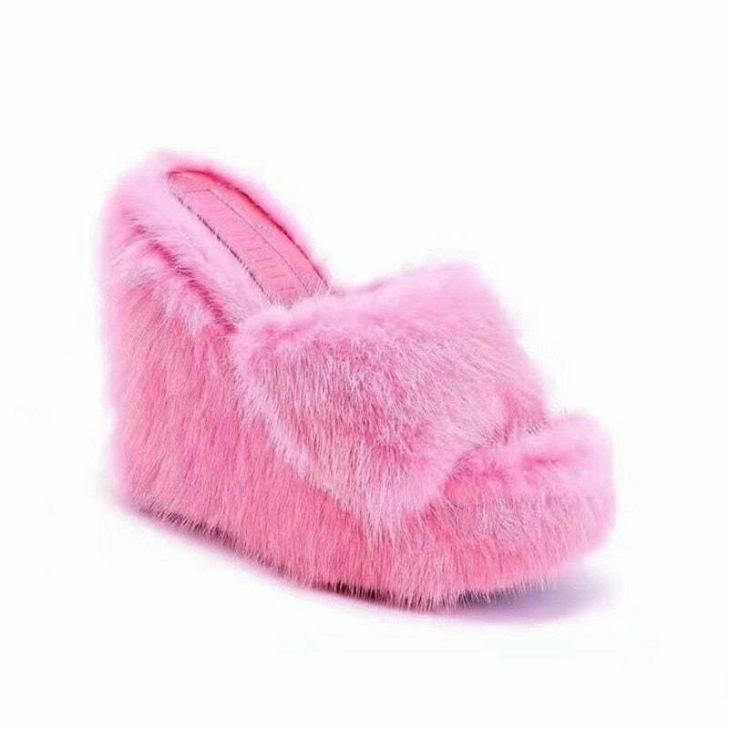 Y2K Faux Fur Wedge Heels - Retro 90s Grunge, Summer Party, and Club Outfits