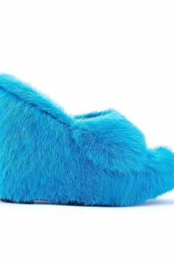Y2K Faux Fur Wedge Heels - Retro 90s Grunge, Summer Party, and Club Outfits