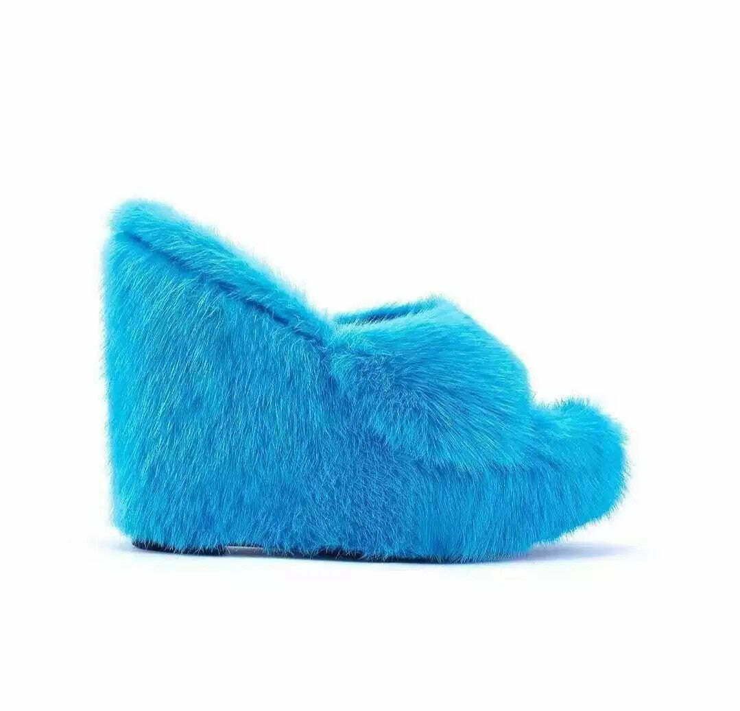 Y2K Faux Fur Wedge Heels - Retro 90s Grunge, Summer Party, and Club Outfits