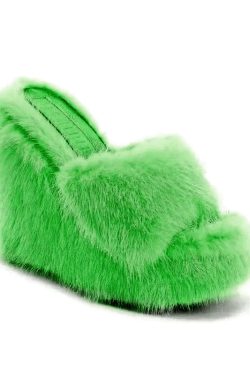 Y2K Faux Fur Wedge Heels - Retro 90s Grunge, Summer Party, and Club Outfits