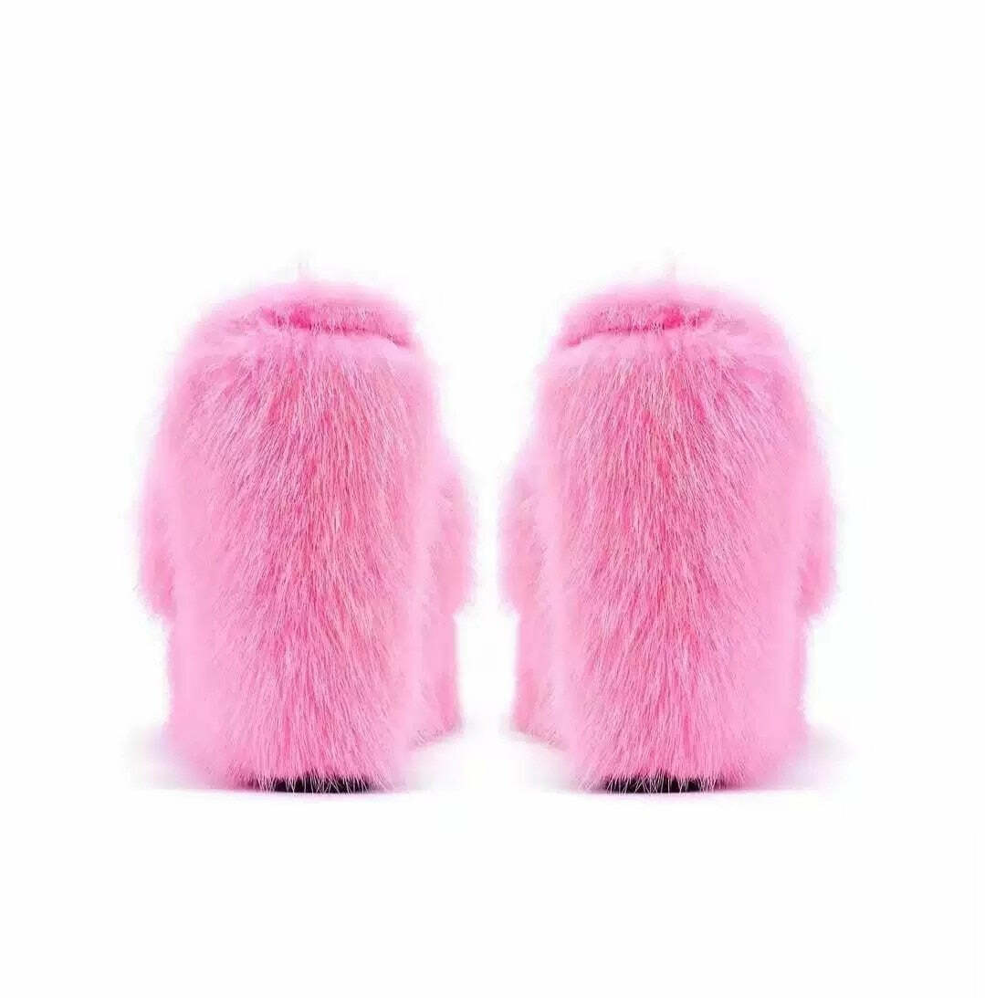 Y2K Faux Fur Wedge Heels - Retro 90s Grunge, Summer Party, and Club Outfits