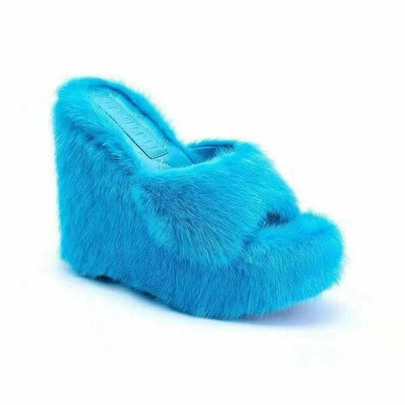 Y2K Faux Fur Wedge Heels - Retro 90s Grunge, Summer Party, and Club Outfits