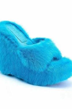 Y2K Faux Fur Wedge Heels - Retro 90s Grunge, Summer Party, and Club Outfits