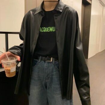 Y2K Faux Leather Button-Up Jacket - 90s Grunge, Retro Style, Y2K Club & Party Outfits