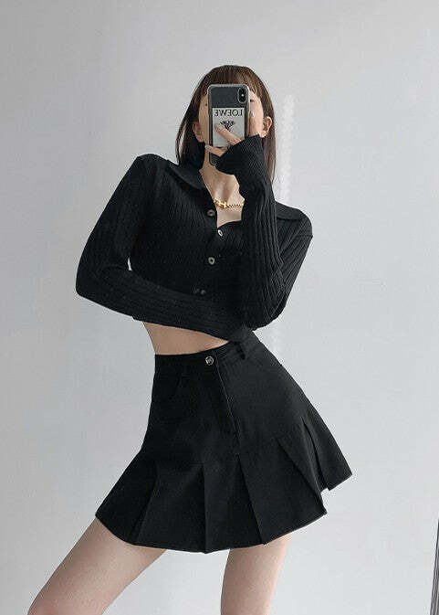 Y2K Fishtail Pleated Mini Skirt - Retro 90s Grunge, Summer Y2K Outfits, Gothic Y2K