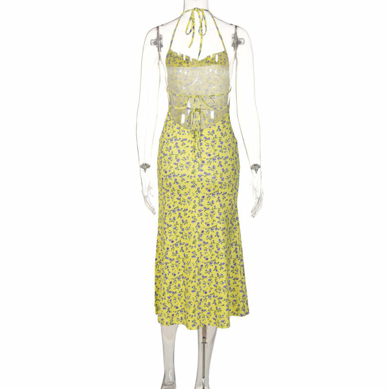 Y2K Floral Backless Midi Dress - Perfect for Summer, 90s Grunge, and Retro Party Outfits