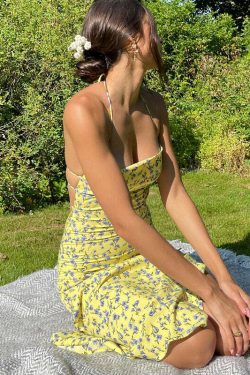 Y2K Floral Backless Midi Dress - Perfect for Summer, 90s Grunge, and Retro Party Outfits