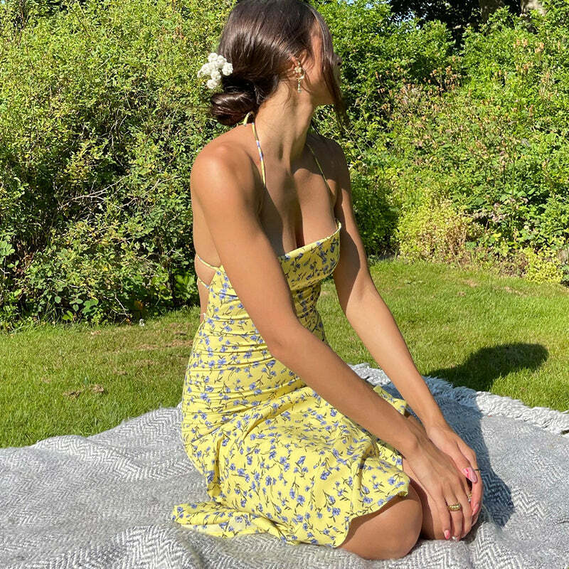 Y2K Floral Backless Midi Dress - Perfect for Summer, 90s Grunge, and Retro Party Outfits
