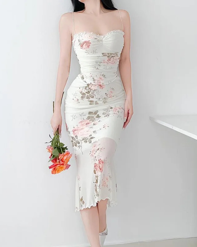 Y2K Floral Bodycon Dress - 90s Grunge Summer Outfit, Retro Party & Club Fashion