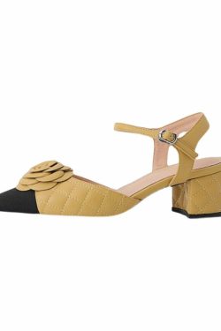 Y2K Floral Buckle Strap Chunky Sandals - Retro 90s Grunge Cowhide Leather in Yellow