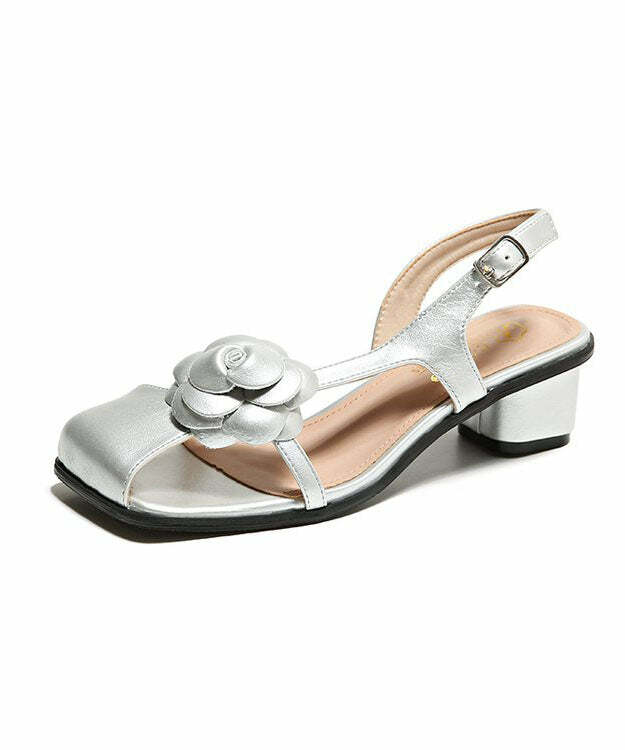 Y2K Floral Chunky Sandals - Silver Faux Leather Buckle Strap, Retro 90s Grunge Y2K Fashion