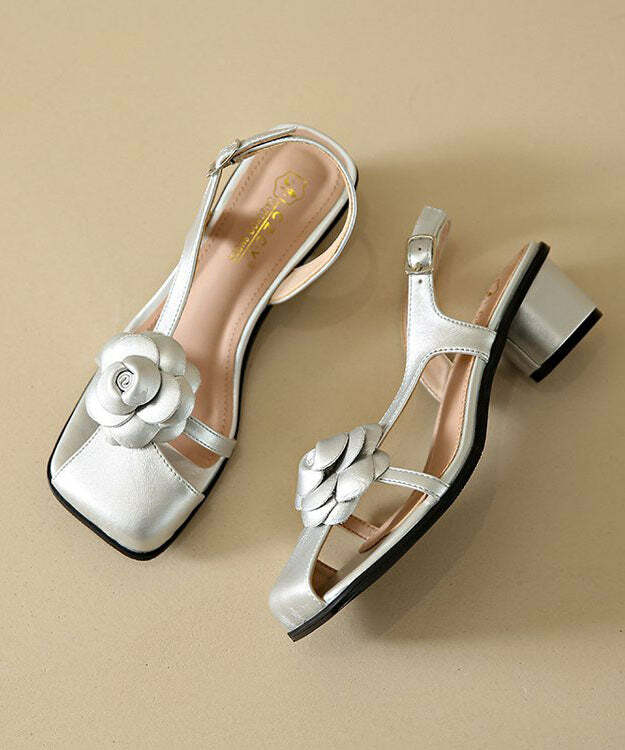 Y2K Floral Chunky Sandals - Silver Faux Leather Buckle Strap, Retro 90s Grunge Y2K Fashion