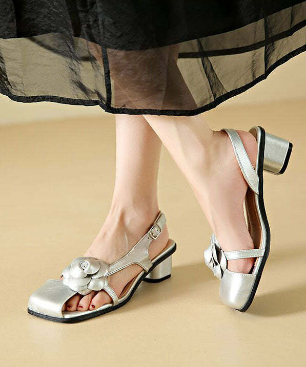 Y2K Floral Chunky Sandals - Silver Faux Leather Buckle Strap, Retro 90s Grunge Y2K Fashion