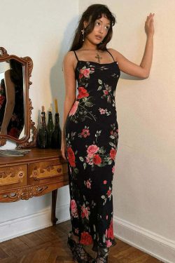 Y2K Floral Maxi Dress - 90s Grunge, Retro Summer Outfit, Pastel Goth, Y2K Party Fashion