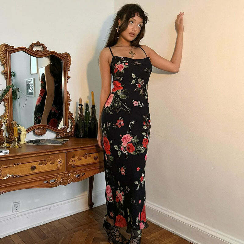 Y2K Floral Maxi Dress - 90s Grunge, Retro Summer Outfit, Pastel Goth, Y2K Party Fashion
