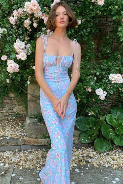 Y2K Floral Maxi Dress - 90s Grunge Summer Outfit, Retro Y2K Fashion, Pastel Goth Style