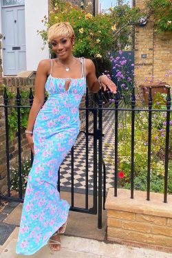 Y2K Floral Maxi Dress - 90s Grunge Summer Outfit, Retro Y2K Fashion, Pastel Goth Style